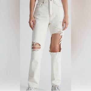 Pacsun Women's Ripped Dad Jeans Button Fly, in Bone w Brown Stitching SZ 27.